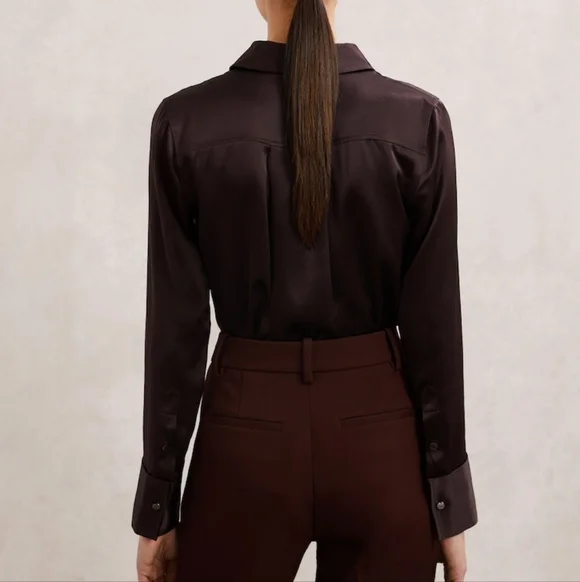 Big Sale! Reiss Silk Satin Concealed-Placket Shirt in Burgundy - Picture 4 of 9